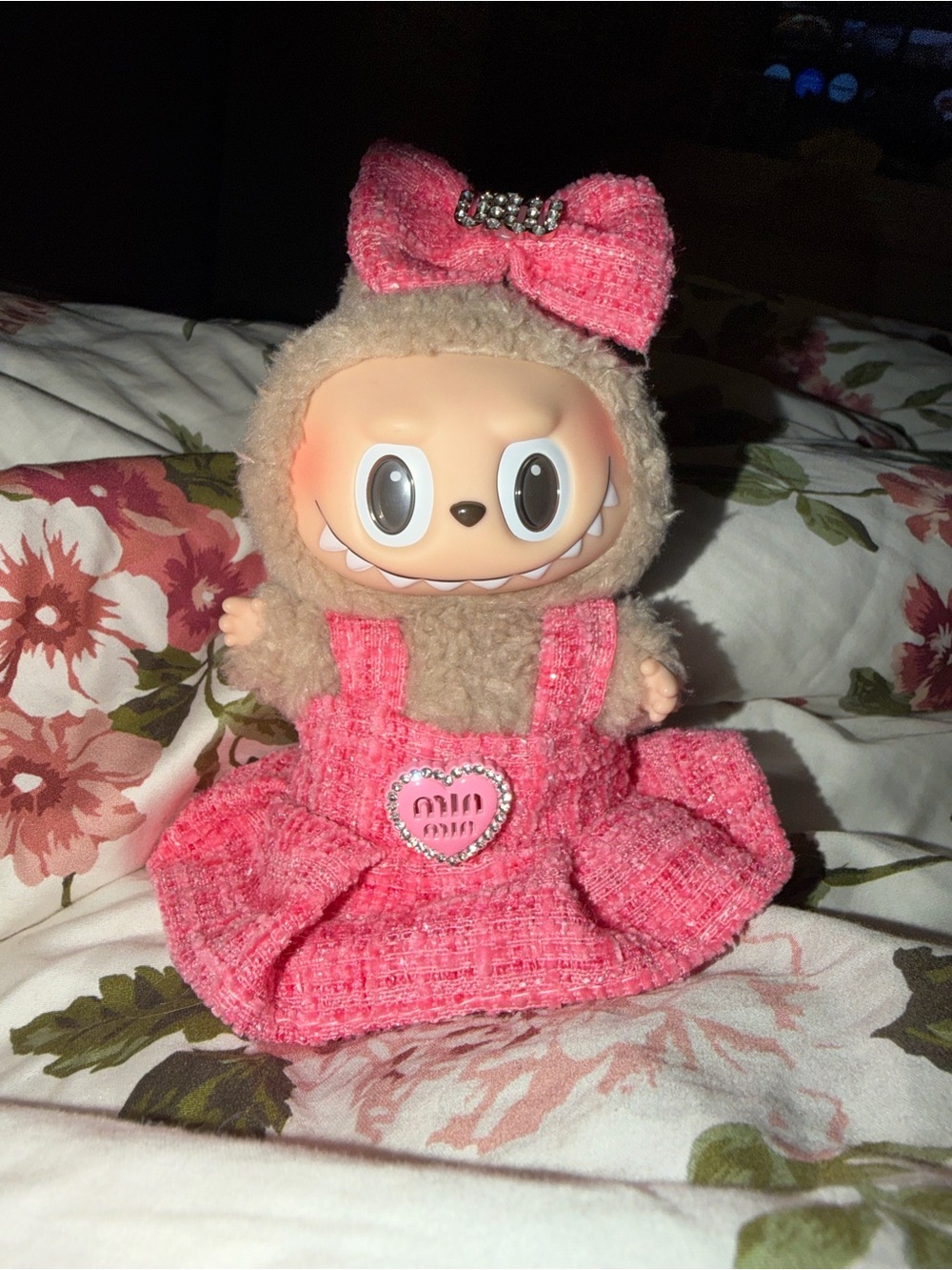 Authentic Pop Mart Labubu 17cm Plush Doll + Pink Tweed Dress & Bow Outfit Set